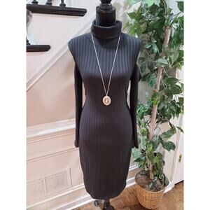 She + Sky Women's Black Striped High Neck Cold Shoulder Knee Length Dress Large